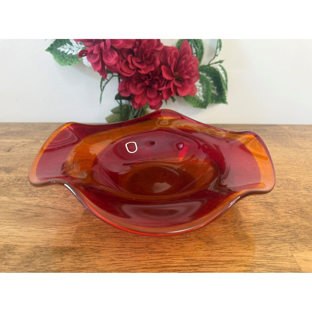 Vintage Red Amber Striped Art Glass Bowl Hand Blown Sculptural Centrepiece Decor